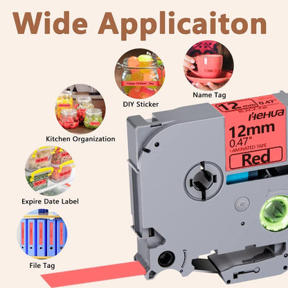 Hehua Tape Tze Tz 12mm 0.47 Laminated Red Compatible for Brother P-Touch TZe-431 TZe431 TZ-431 TZ431 Tape for Ptouch PT D210 D200 D220 D610 H110, 1/2'' x 26.2ft Black on Red, 3 Pack