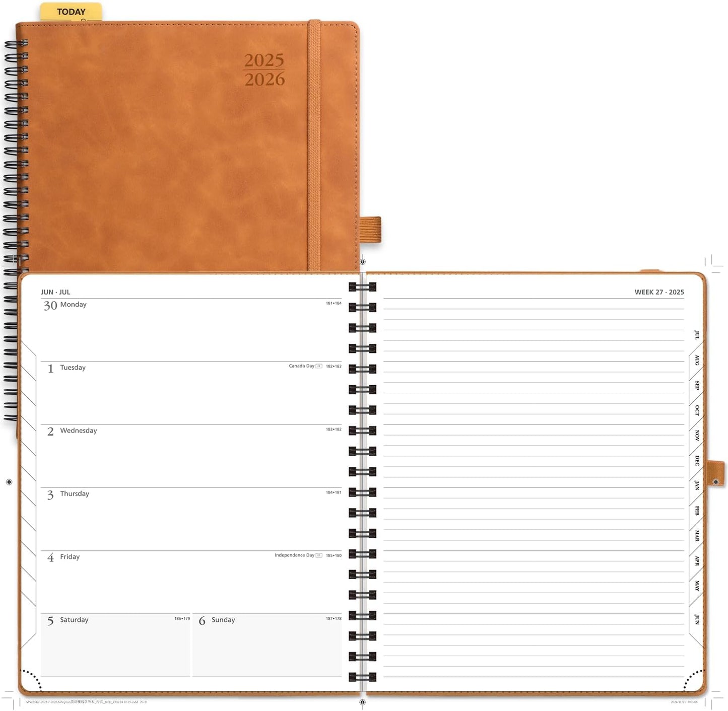POPRUN Planner 2025-2026 Weekly Planner Notebook (Large 8.5''x 10.5'') Academic Calendar (JUL.25 - JUN.26) Appointment Book with Monthly Tabs, Spiral Soft Cover, Inner Pocket, 100 GSM - Brown
