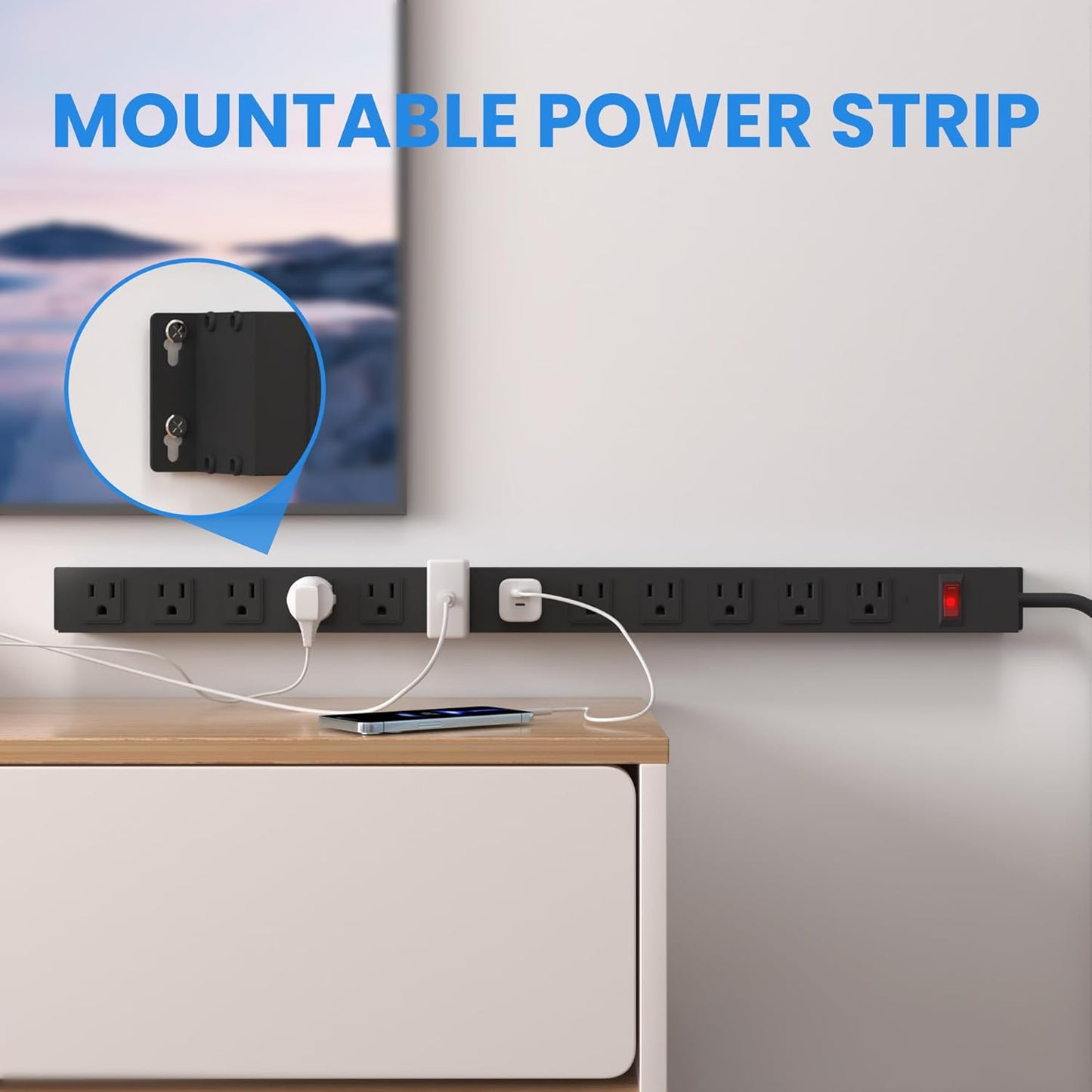 12 Outlet Long Power Strip with 15A Circuit Breaker,Black Wall Mount Heavy Duty Power Strip with 6FT/14AWG/15A/125V Extension Cord for Industrial,Garge,Office,Home and School,Black(6FT)