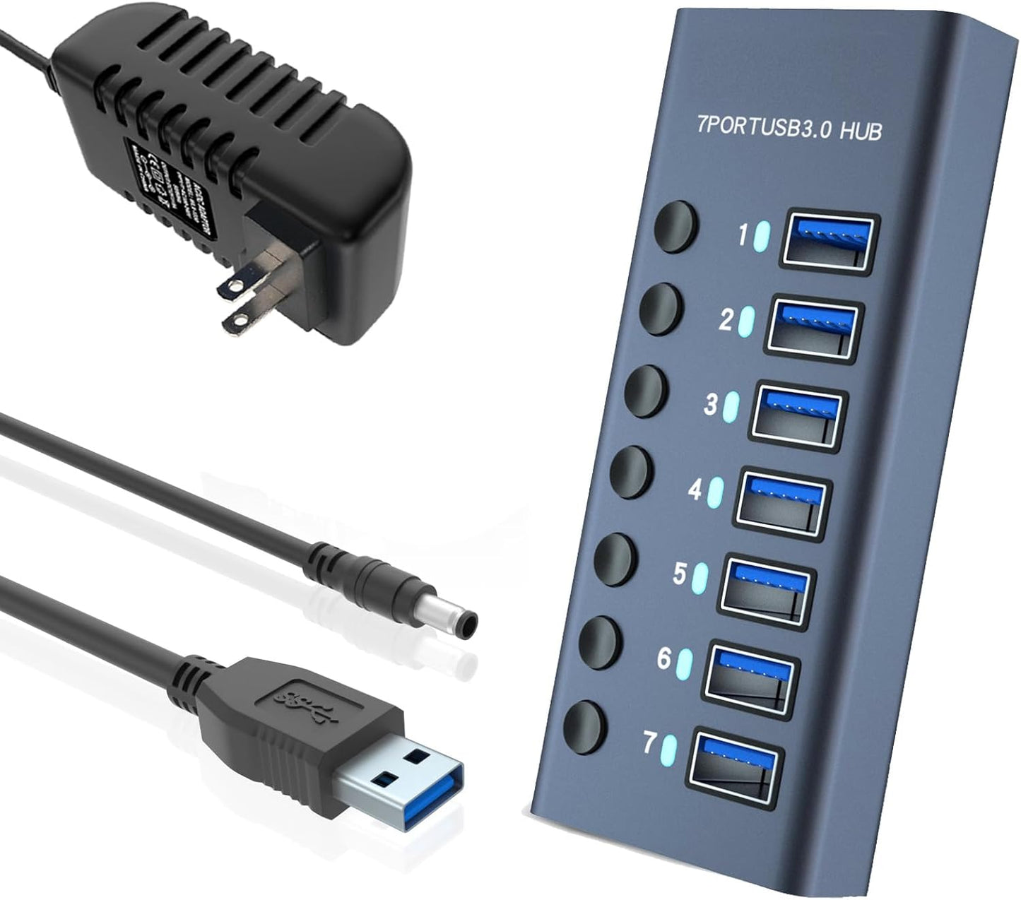 MaxLax 7 Port Aluminum USB 3.0 hub with 7 Port USB Data Transfer,36W (12V/3A) Power Adapter USB Splitter Independent Switch
