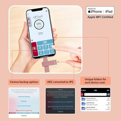 128GB Apple MFi Certified Morandi Pink iXflash Backup Flash Drive 2-in-1 USB for iPhone, iPad, and Computer, USB Type A & Lightning Storage Device
