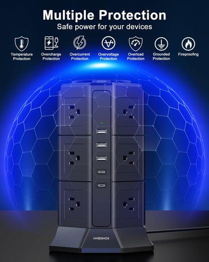 Surge Protector Power Strip Tower, 10FT Ultra Flat Extension Cord with 12 AC Outlets 5 USB Ports(2 Type C), Desktop Charging Station, Flat Plug Outlet Extender for Home Office Dorm