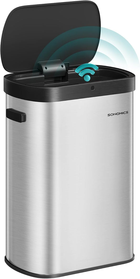 SONGMICS Motion Sensor Trash Can, 13-Gallon (50 L) Automatic Garbage Can with Soft Close Lid, Stainless Steel, Wave or Touch to Open, Includes 15 Bags, Metallic Silver and Ink Black ULTB640E01