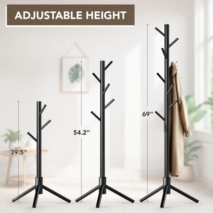 Wooden Tree Coat Rack Stand,Sturdy Freestanding Coat Rack with 8 Hooks,3 Adjustable Height for Child Adult,Wood Coat Stand Tree Fits Entryway Bedroom Office for Bags,Hats