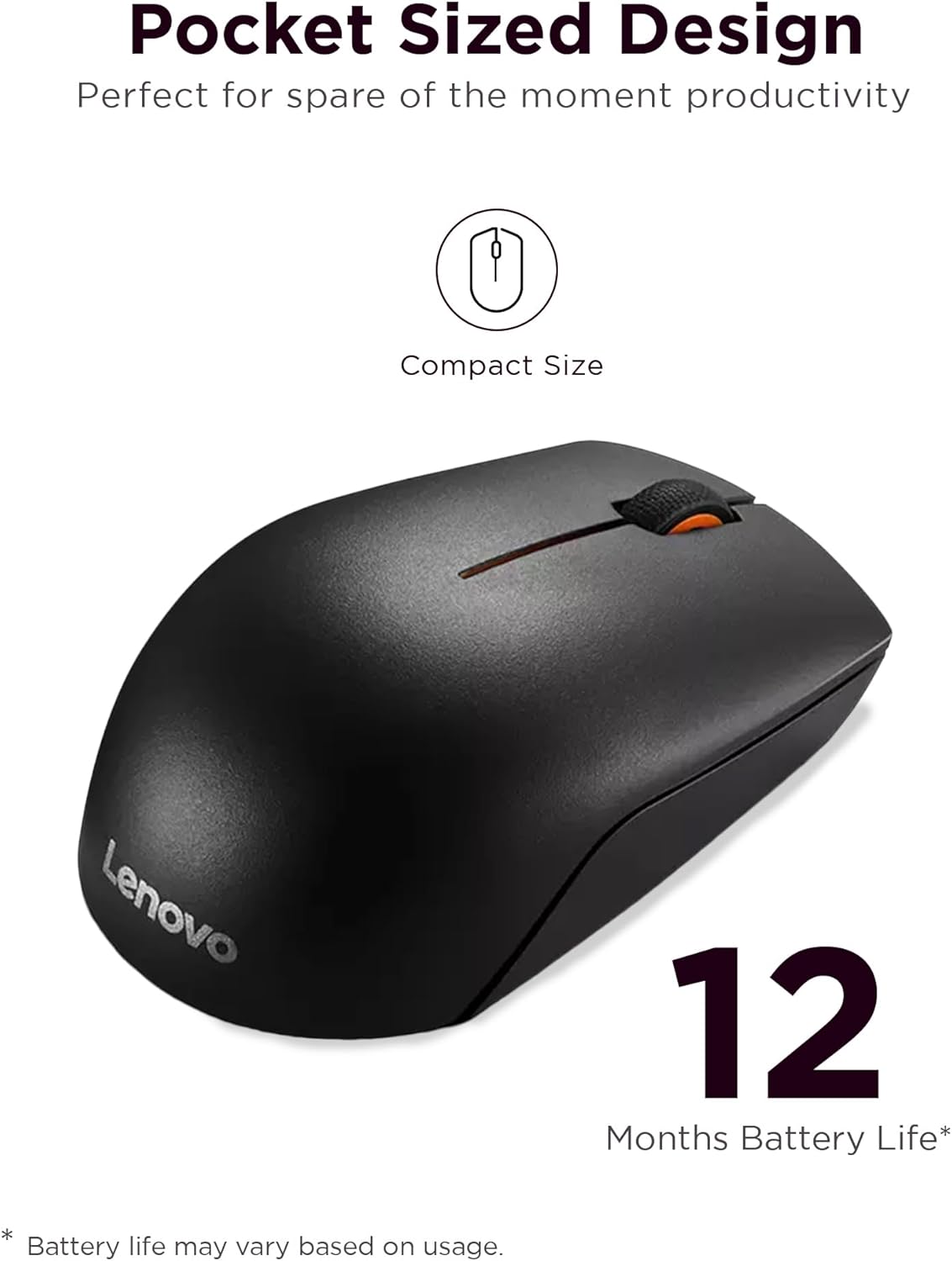 Lenovo 300 Wireless Mouse – Computer Mouse for PC, Laptop with Windows – Ambidextrous Design – 2.4 GHz Nano USB Receiver – 12 Month Battery Life
