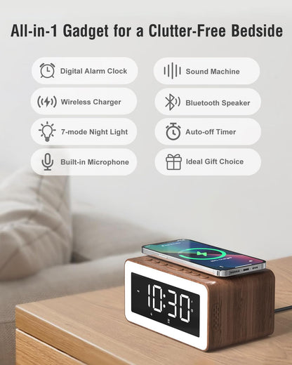 Alarm Clock with Wireless Charging, White/Brown Noise Sound Machine, Bluetooth Speaker Night Light, Wooden Digital Alarm Clocks for Bedrooms,Wireless Charger for iPhone, Birthday Gifts for Men Women