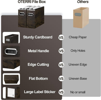 Oterri File Organizer - Small Cardboard Storage Box, Collapsible and Portable With Handle for Letter Size Files, Hanging Folder Box (Brown Wood Grain Print, Letter Size - 2 Packs)