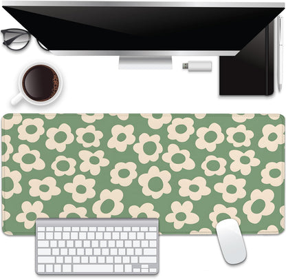 Green Daisy Flowers Desk Pad Mouse Pad,Large Daisies Floral Mouse Mat with Stitched Edges,Non-Slip Rubber Base Mousepad for Office PC Keyboard Laptop and Home Work Desk Mat(27.5X11.8 in)