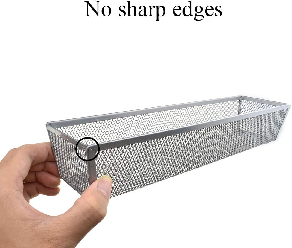 HAHIYO Stackable Mesh Tray Cup 12 x 3 x 2 inches Sturdy Container for Desk Drawer Organizer Collection for Home Office School kitchen Soft Foam Feet No Sharp Edges 2 Pack Silver