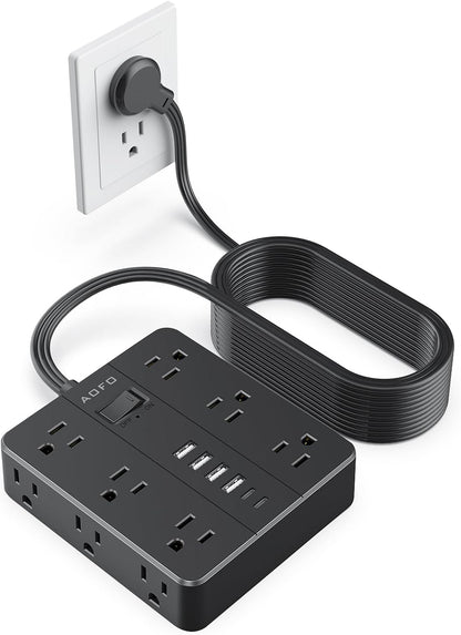 20FT Surge Protector Power Strip,12 AC Outlets with 6 USB Ports (2 USB-C), Flat Plug Extension Cord with Multiple Outlets, Wall Mount for Home Office,Dorm,Black