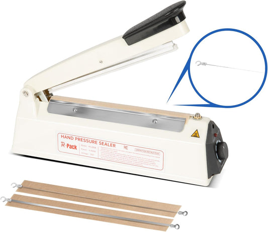 Impulse Heat Sealer with Cutter, Heavy-Duty Bag Sealing & Cutting Machine, 2 Extra Replacements (White, 8-Inch)