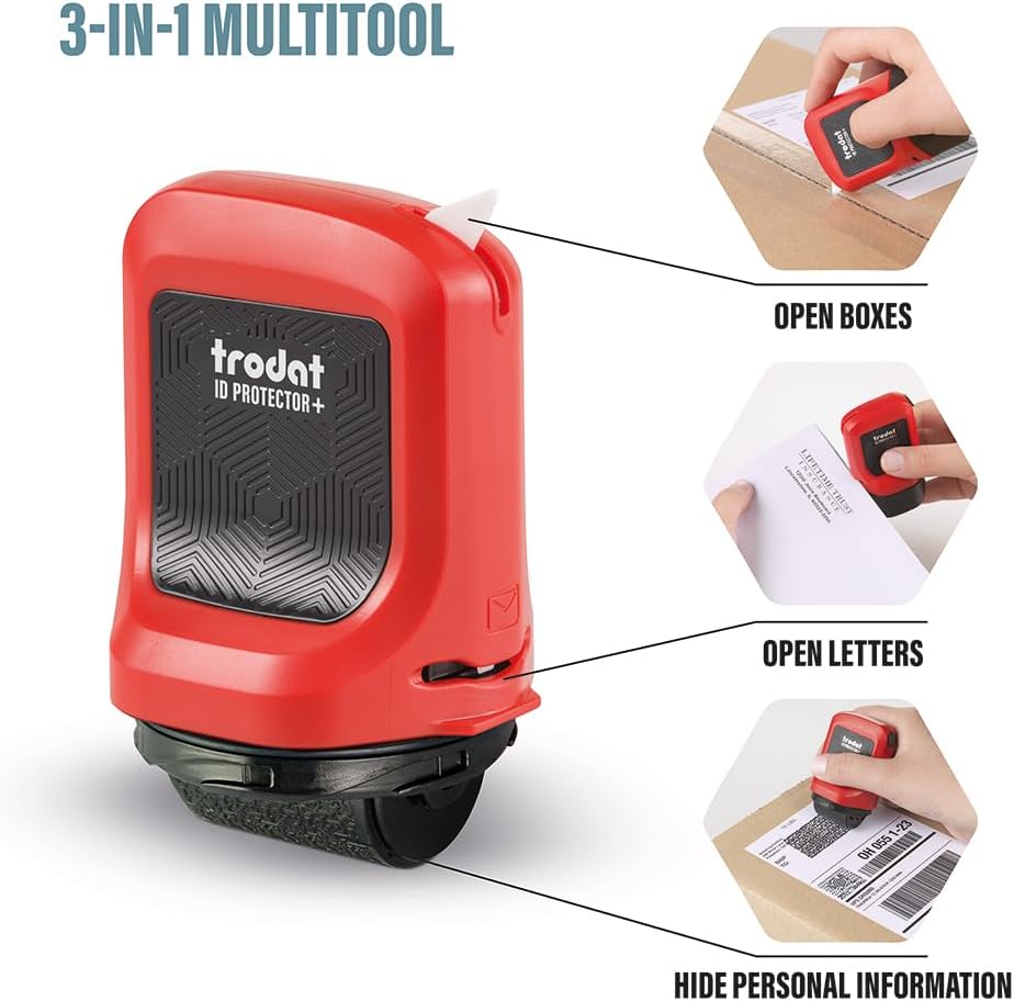Trodat ID Protector+ Ink Roller – Identity Theft Protection Roller Stamp with Integrated Box & Letter Opener (3in1) – incl. 3 Refill Inks