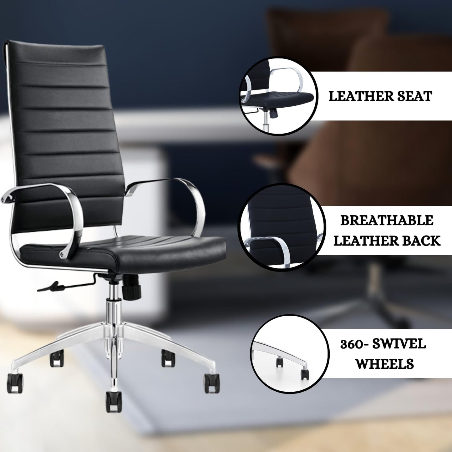 Ribbed High Back Conference Room Chairs - Lumbar Support, Modern Style Executive Chair for Home and Office - 360 Swivel Rolling Wheels - Aluminum Chrome Frame & Base - Black (Pack of 8)