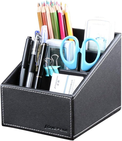 KINGFOM Remote Control Holder with 3 Compartments Pu Leather Remote Caddy Desktop Organizer Store Brush, Pencil, TV Guide, DVD, CD, Blu-Ray, Media Player, Heater Controllers(Black)