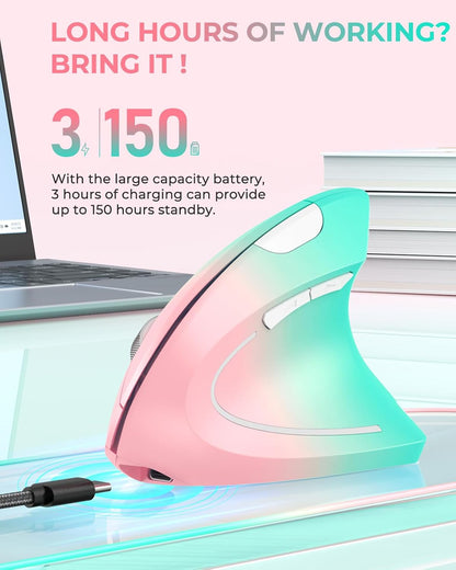 Lekvey Ergonomic Mouse, Vertical Wireless Mouse, Rechargeable 2.4G Optical Carpal Tunnel Mice with USB Receiver: 1000/1200 / 1600 DPI, 6 Buttons, for Laptop, Computer, PC, Desktop, Pink Green