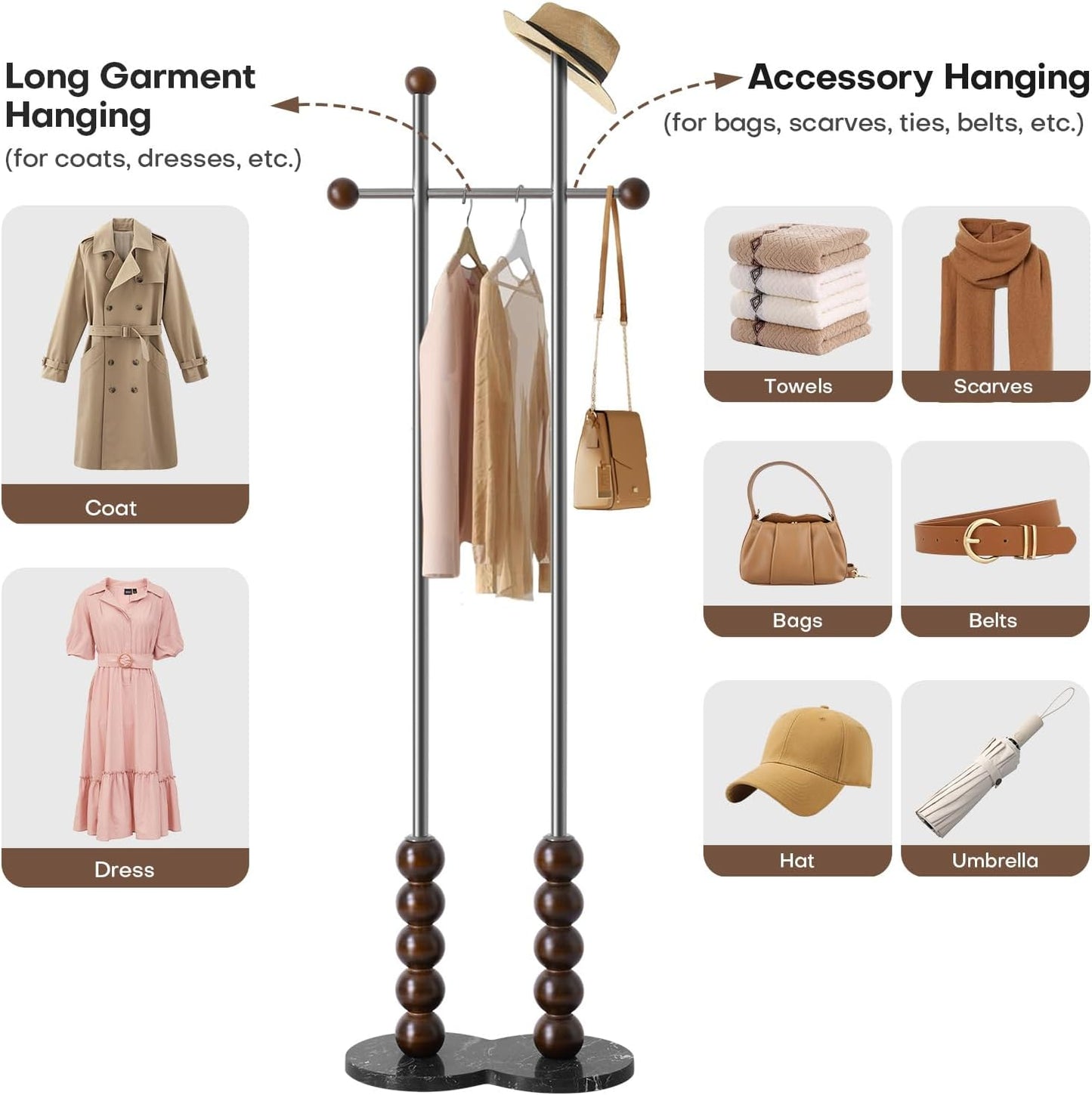 Metal Freestanding Coat Rack with Stainless Steel Double Rods & Marble Base, Hanging Clothes Rack for Entryway, Hallway, Bedroom, Living Room, Steel and Wood