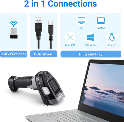 Barcode Scanner Wireless, JRHC Industrial 1D Laser Bar Code Scanners 2 in 1 Plug and Play Rugged Heavy Duty & IP65 Waterproof, Long-Distance Wireless Handheld Barcode Reader with 1.8" Screen