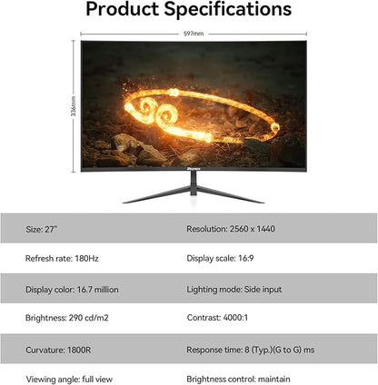 27Inch Ultrawide Curved 180Hz Gaming Computer Monitor -2K QHD(2560x1440) 1800R PC Screenr, 4000:1 Contrast Ratio, 1x Display Port, 2X HDMI ，（G27X Flex Pro）