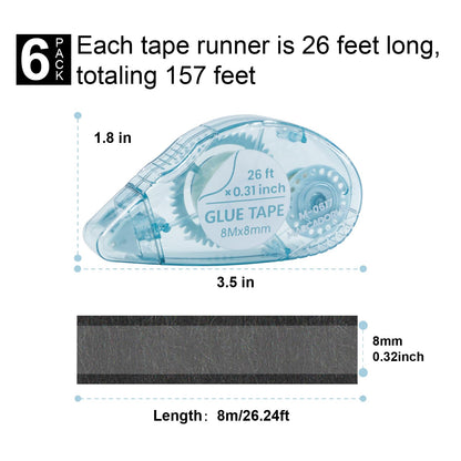 Double Sided Tape for Crafts, Pack of 6 Glue Tape Roller, 26 Ft x 0.31 in Scrapbook Tape, Tape Runner for Scrapbooking Supplies, Office, School, Craft Supplies and Journaling Supplies.
