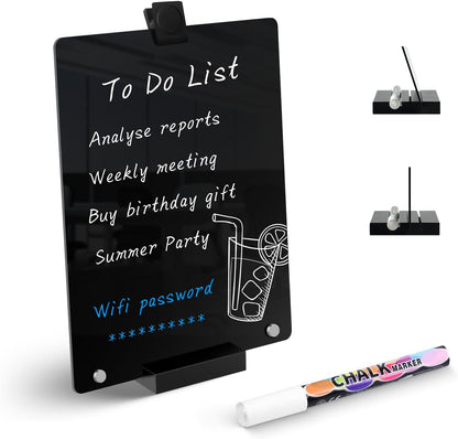 Acrylic Black Dry Erase Board with Stand - 12” x 8” Small Desktop Whiteboard with Marker, Reusable Desk Blackboard, to-Do List, Planner, Memo Clipboard, Menu Board for Office, Home, Bar