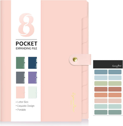Sooez Elegant Accordion File Organizer with Labels, 8 Pocket Expanding File Folder, Portable Folders for Documents, Cute Paper Organizer for School Office Supplies, Letter Size, Pink