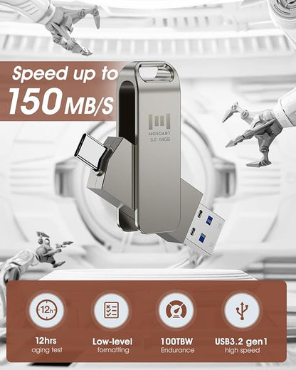 MOSDART 64GB USB3.1 Fast Speed C and A Dual Flash Drive, exFAT Memory Stick with Keychain Loop, for iPhone 15,16,17, Android Phone, iPad, MacBook, Silver