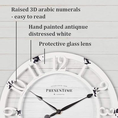 Presentime & Co 10" Farmhouse Series Wall Clock, Shiplap Style, Raised 3D Arabic Numeral, Antique Distressed White