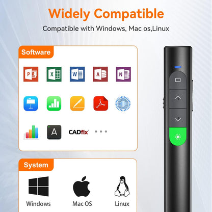 Wireless Presentation Clicker PowerPoint Presenter Remote: Rechargeable Green Laser Pointer Clickers for Computer/Mac/PPT/Slideshow/Google Slide Advancer