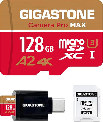 【5-Years Data Recovery】 GIGASTONE 128GB Micro SD Card with USB 3.2 Type C Card Reader, 4K Camera Pro MAX, Speed Up to 120MB/s Compatible with Gopro, DJI, Dash Cam, MicroSDXC UHS-I A2 V30 U3