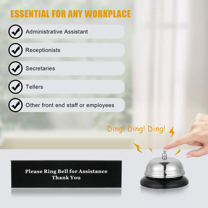 Boao Desk Service Dinner Bell Metal Silver Call Bell and Double Side No Receptionist Sign Please Ring Sign for Service Assistance for Hotel School Restaurant Reception Area(Sliver Bell)