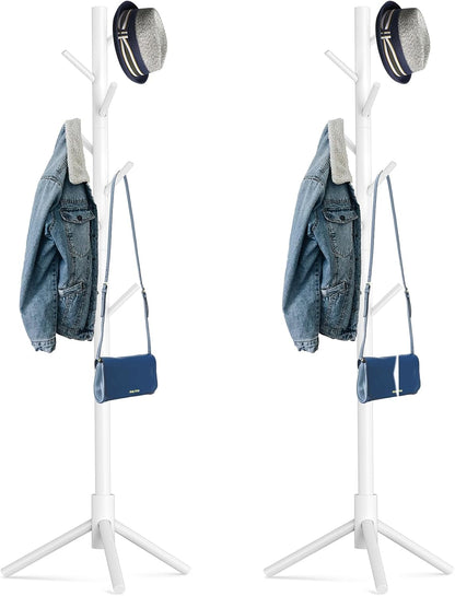 Wooden Tree Coat Rack Stand,Sturdy Freestanding Coat Rack with 8 Hooks,3 Adjustable Height for Child Adult,Wood Coat Stand Tree Fits Entryway Bedroom Office for Bags,Hats, 2 Pack