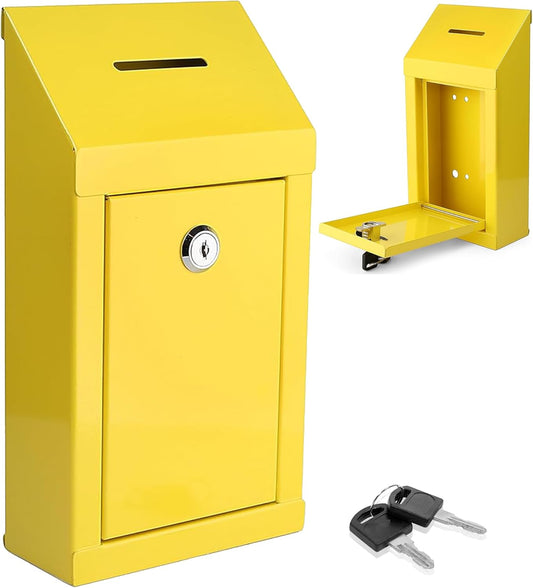 Metal Donation Box-Suggestion Box with Slot and lock-Cash Lock box for Money-Secure Drop Box-Comment and ballot voting box-comes with pre-drilled holes for easy wall mounting 10 X 6 X 2.5"(Yellow)