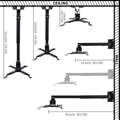 Projector Mount Wall or Ceiling Projection Mount Bracket with Adjustable Height and Extendable Arms Mounts for Home and Office Projector