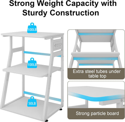 Natwind 19.7"x15.7" Printer Stand,3 Tier Printer Table with Charging Station, Rolling Cart with Adjustable Storage Shelf for Home Office Organization, Stand for Heat Press,3D Printer (White)