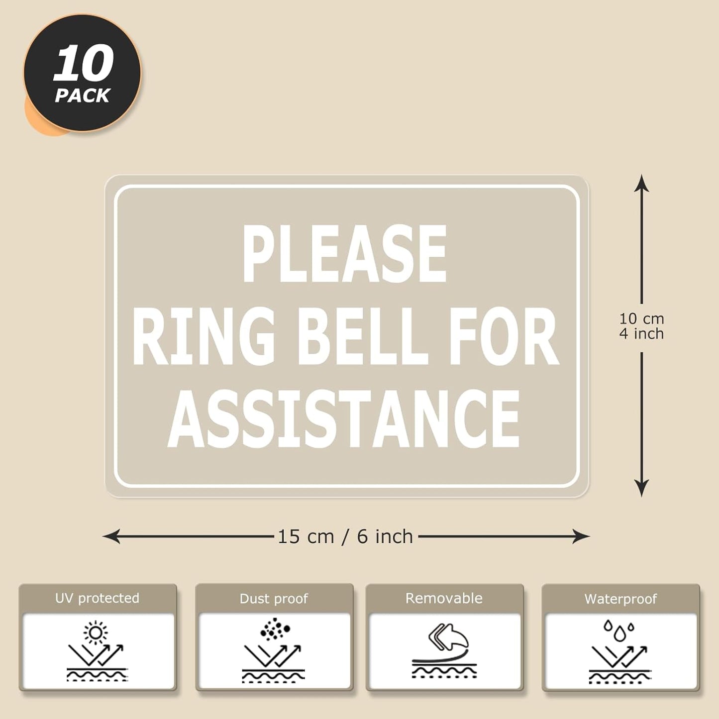 Please Ring Bell for Assistance Stickers 6 × 4 Inches Vinyl Removable Desk Service Self Adhesive Decals Hotel Reception Area Cling Wall or Door Sign Office Window 10 Pack