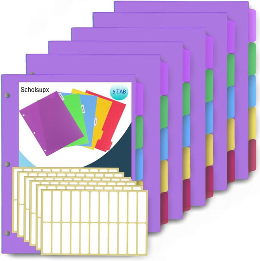 6 Sets 5 Tab Binder Dividers, Plastic Binders Dividers with Tabs Colorful Big Tab Fit Standard 8.5 X 11 Sheets, Dividers for 3 Ring Binder