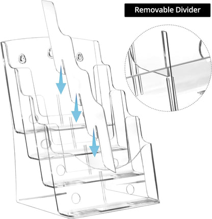 QWORK 2 Pack Acrylic Brochure Holder, 8.5 x 11 inch 4-Tier Literature Pamphlet Flyer Holder, Magazine Booklet Organizer Stand with Removable Divider