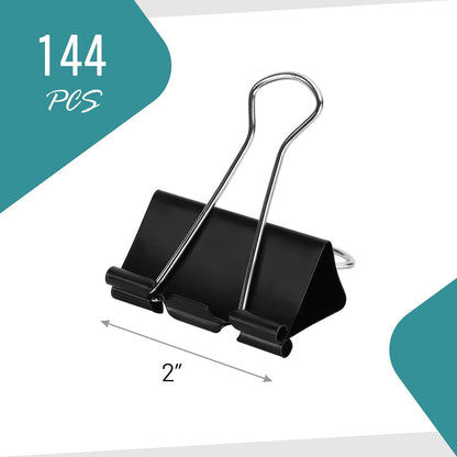 Binder Clips - 144 Pack Large Binder Clips, 2 Inch, Black Paper Clamps, File Clip for Home, Office and School Supplies