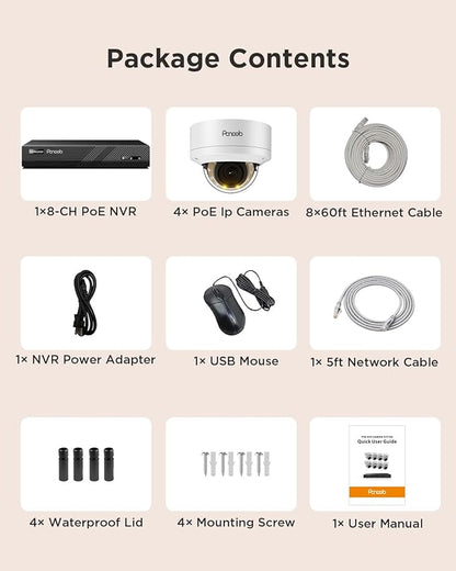 PoE Security Camera Systems, 5MP 8 Channel NVR w/ 2TB HDD, 4PCS Wired 5MP 2.8mm Smart Person Vehicle Detection Outdoor Dome IP Cameras for Home, 24/7 Audio Recording, PD54Y0408-5M