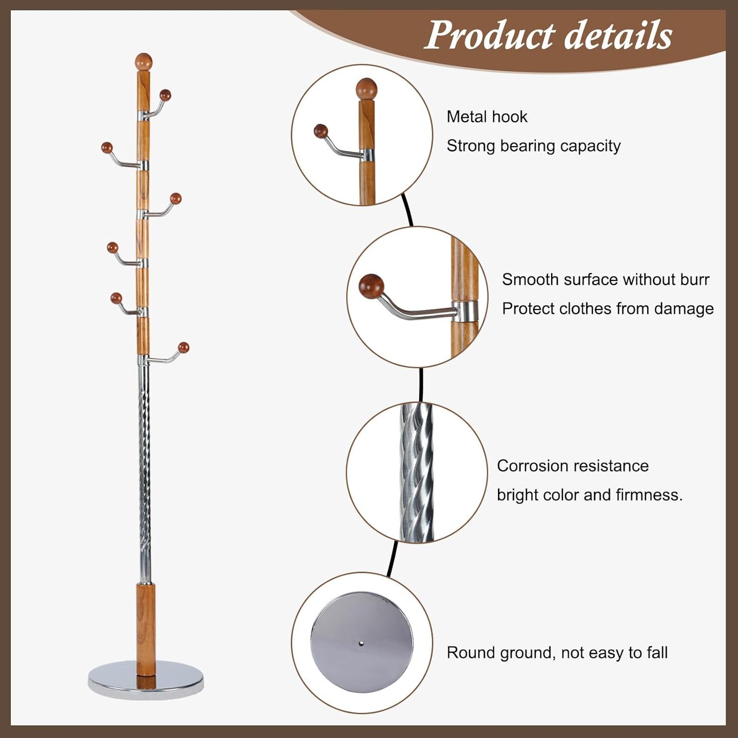 Wooden Coat Rack Freestanding, Vintage Coat Racks with Sturdy Round Base, Adjustable Height 37.40"-72.83" Entrance Coat Rack for Bedroom Living Room Entryway (Solid Wood Metal Hook)