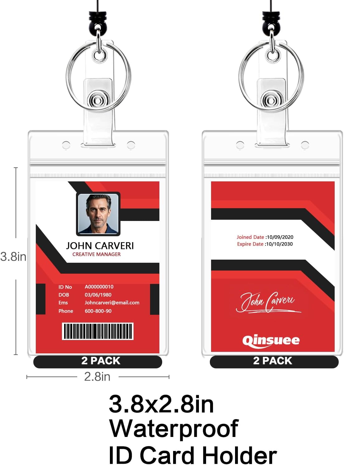 2 Pack Badge Reels Retractable with Key Rings, ID Badge Holder with 2 pcs Waterproof Extra Thick ID Card Holders, Alligator Clip (Black)