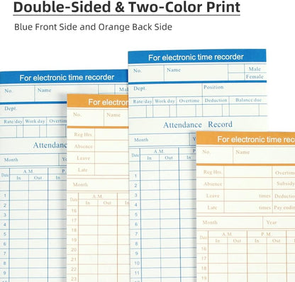 100-Piece Time Cards for Employees, Monthly Time Cards 2-Sided, 2-Color Timecards for Time Clocks, Blue/Orange Print, 7-3/8 x 3-3/8 Inch