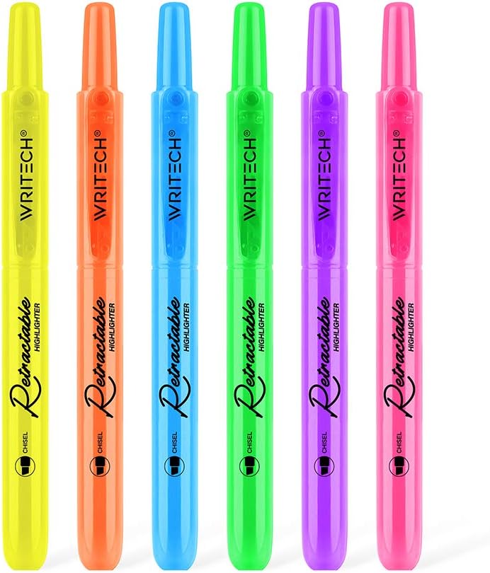 WRITECH Retractable Highlighters Assorted Colors: Chisel Tip Click Aesthetic Highlighter Marker Pens Pack Multi Colored Ink No Bleed Smear for Highlighting Journaling (6ct Neon)