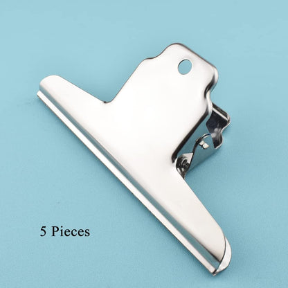 HAHIYO 5.7inch Silver Bulldog Clips Metal File Hinge Binder Clamps Save Space Strong Spring Jaws Rock Solid Grip Book Lay Flat Deburred Edge for Hang Photos Wall Grid Dog Food 5PCS