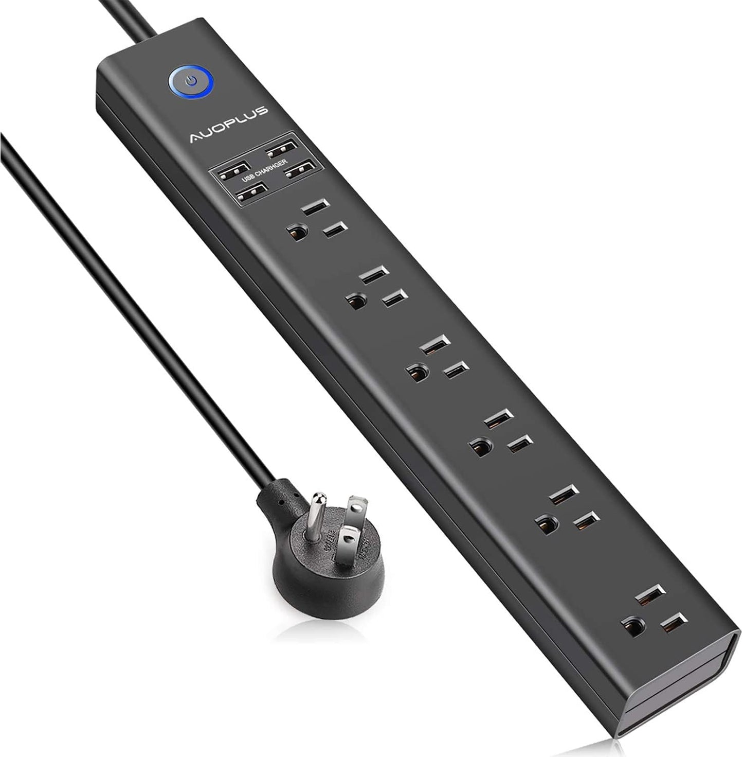 15 Ft Power Strip Surge Protector, 6 Outlets and 4 USB Ports, Flat Plug Power Strips Long Extension Cord with Overload Protection, Wall Mount for Home, Office, Dorm, ETL Listed Black