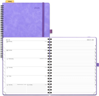 POPRUN 2026 Planner Weekly Notebook Calendar (Jan-Dec), Large Size 8.5'' x 10.5'' - Agenda 2026 Appointment Book with Monthly Tabs, Inner Pocket, Spiral Soft Cover, 100 GSM - Lilac