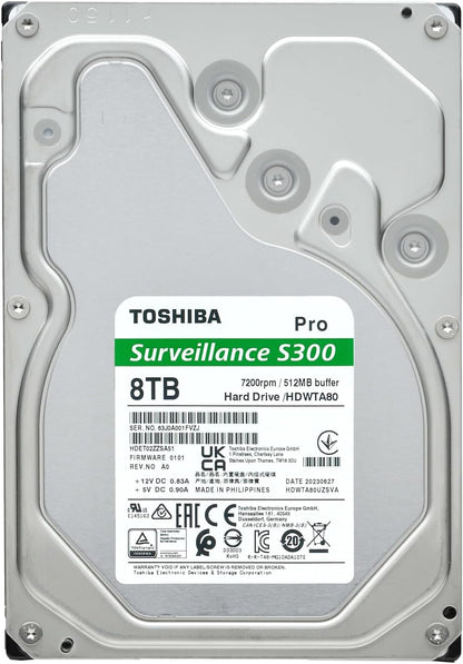 Toshiba S300 PRO 8TB Surveillance 3.5” Internal Hard Drive – CMR SATA 6 Gb/s 7200 RPM 512MB Cache - HDWTA80UZSVAR