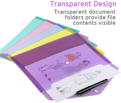 Sooez 6 Pack Folders Plastic Envelopes, Clear Plastic File Folder for Document, Letter A4 Size Poly File Envelopes with Label Pocket, Snap Button for Home Work Office Organizer, 6 Colors