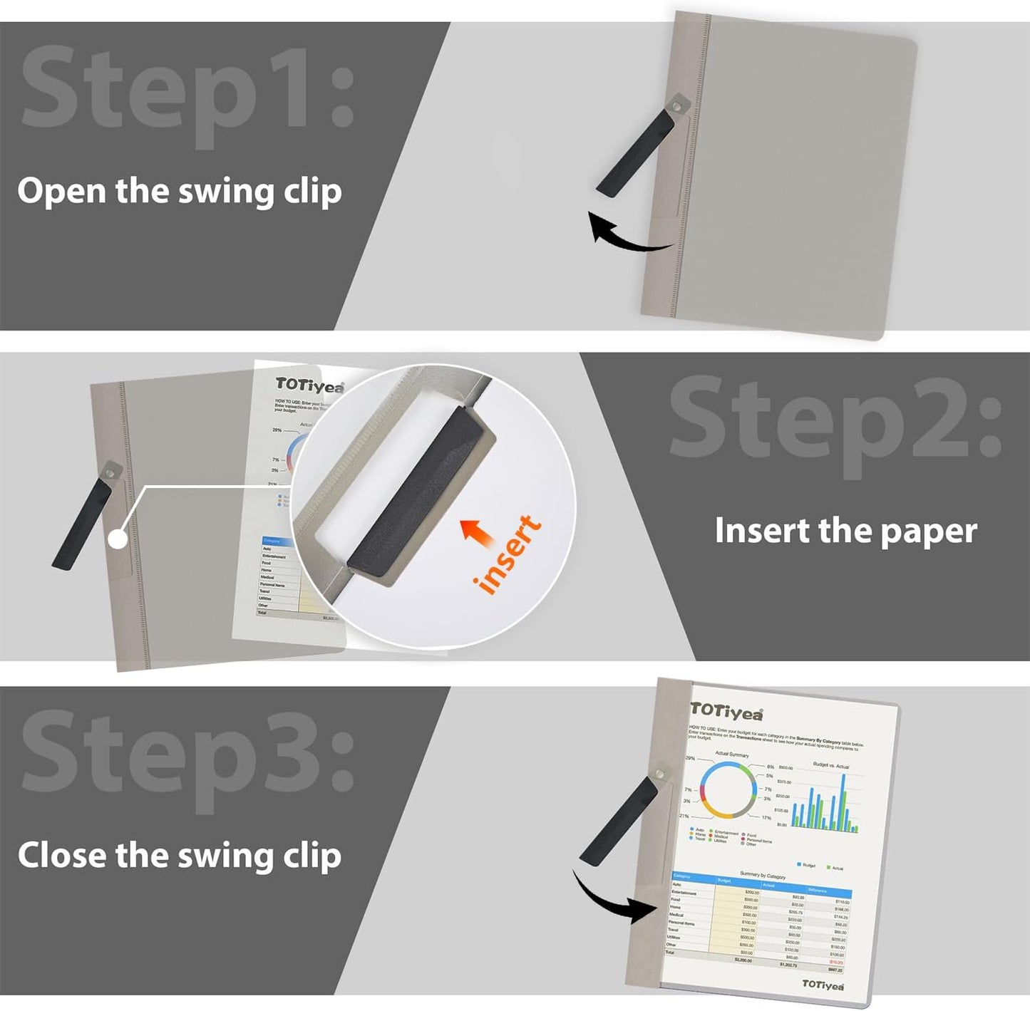 TOTiyea 10 Pack Clear Report Covers with Swing Clip, File Folder with Swing Clip, 30 Sheets Capacity, Slide Locking Report Covers, Letter Size (Grey, 10 Pack)