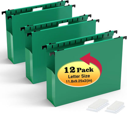 Extra Capacity Plastic Hanging File Folders,12 Pack Reinforced Expanding Hang Folder Letter Size,Accordian Pocket,Heavy Duty 2 Inch Expansion,Hanging Folder Organizer for Office Home,Green